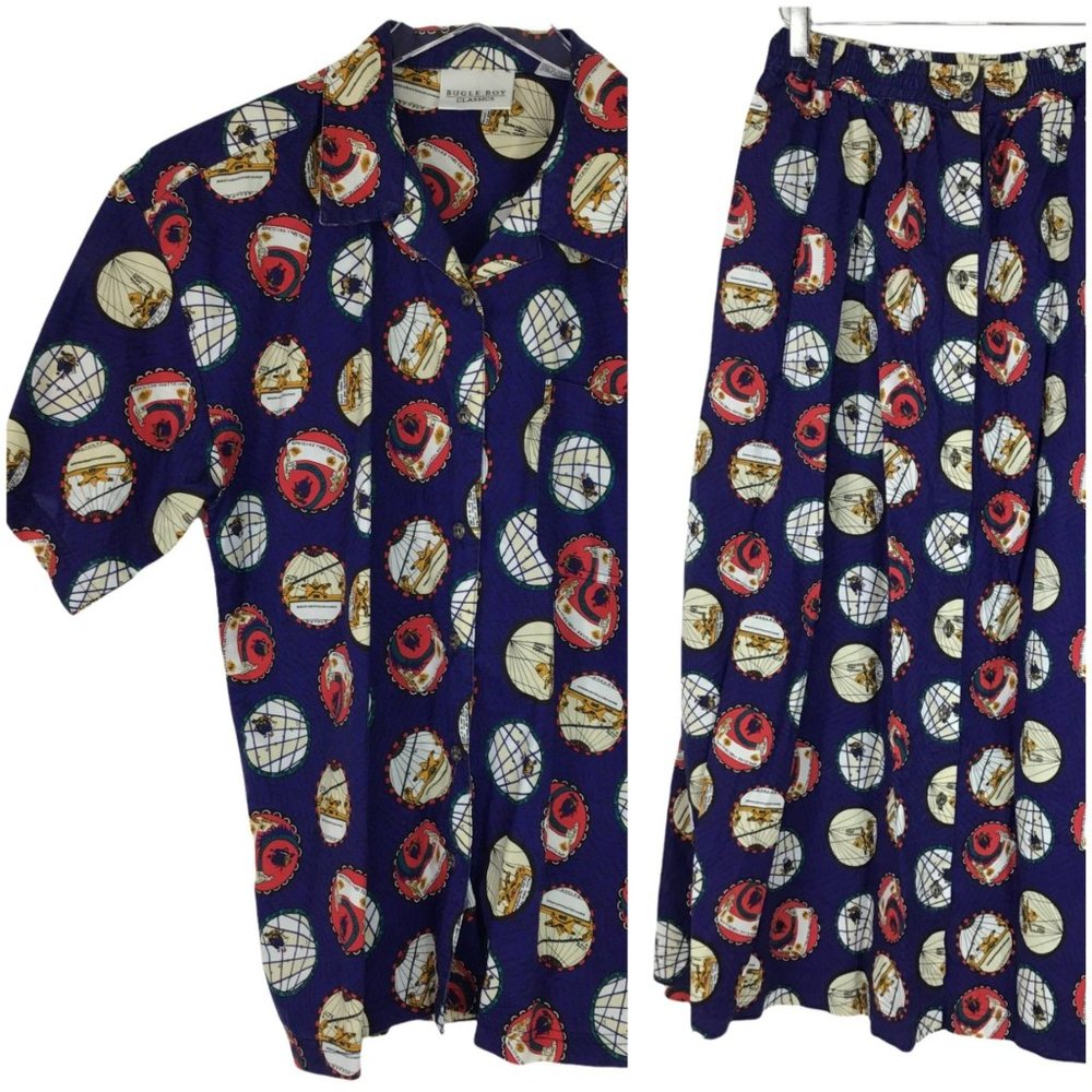Vintage skirt blouse set M 80s Bugle Boy button front blue print full midi